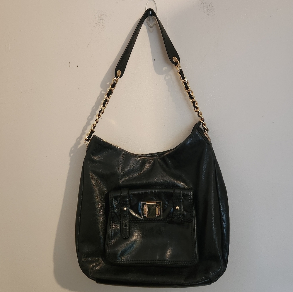Badgley Mischka‎ Black Leather Shoulder Bag Gold Chain Strap & Hardware
